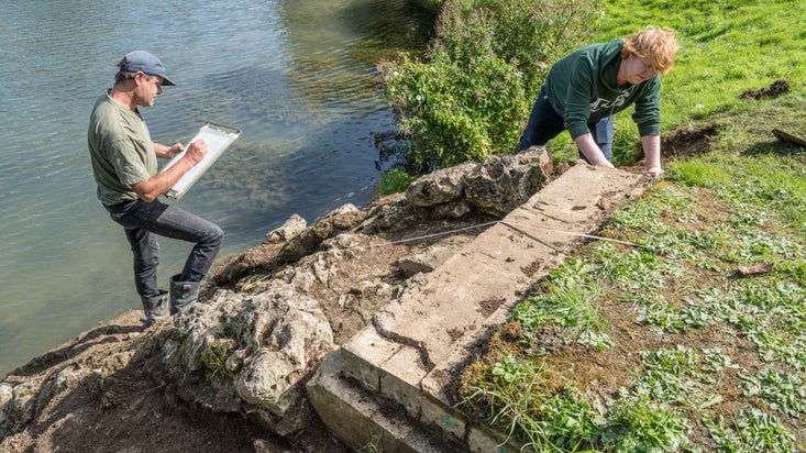 Archaeology team working on the Cascade at Prior Park, Bath